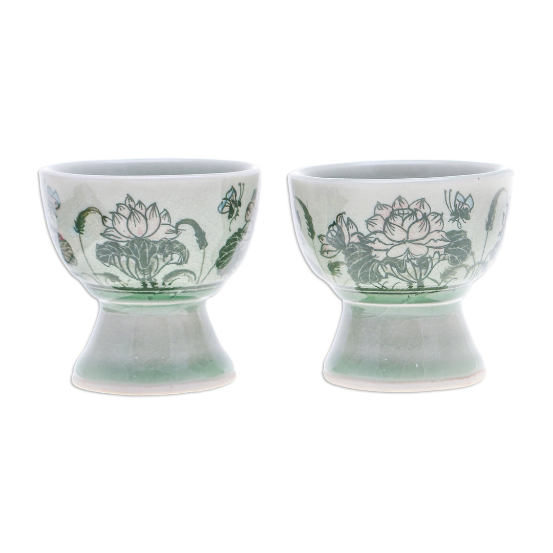 Pair of Handmade Lotus Green Celadon Ceramic Egg Cups - Luxuriant Lotus