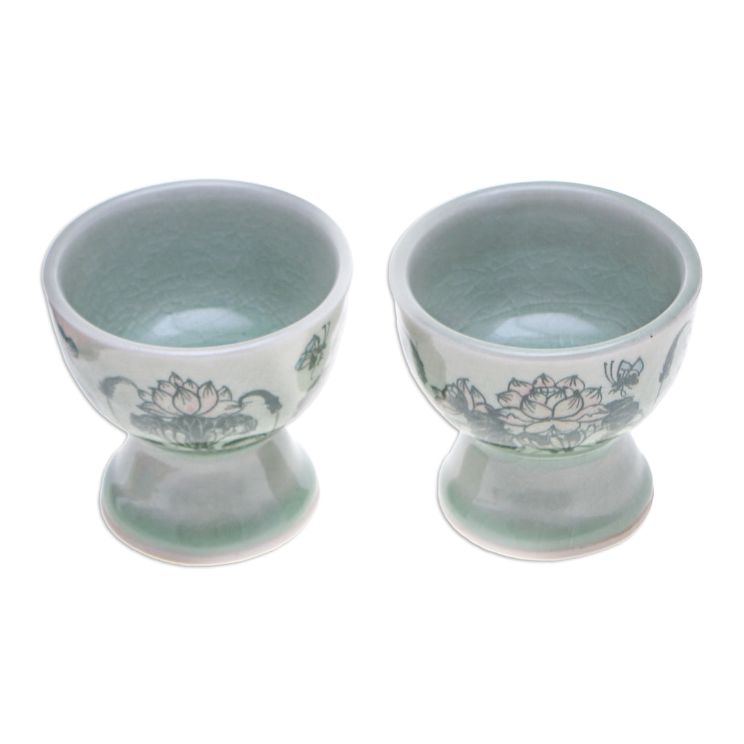 Pair of Handmade Lotus Green Celadon Ceramic Egg Cups - Luxuriant Lotus