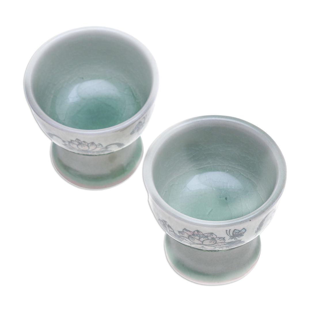 Pair of Handmade Lotus Green Celadon Ceramic Egg Cups - Luxuriant Lotus