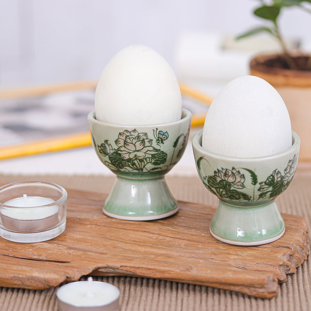 Pair of Handmade Lotus Green Celadon Ceramic Egg Cups - Luxuriant Lotus