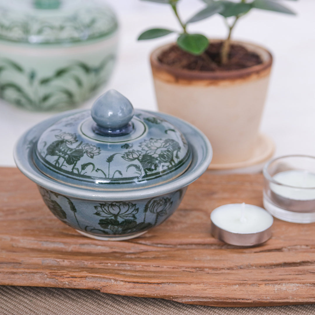 Lotus Flower-Themed Celadon Ceramic Jar in Blue Hue - Thai Lotus in Blue
