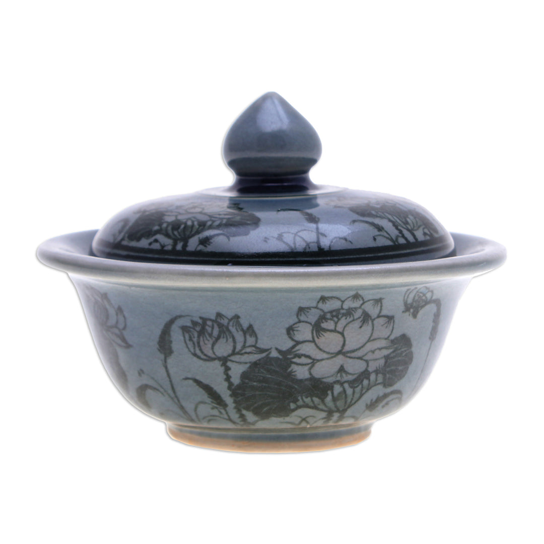Lotus Flower-Themed Celadon Ceramic Jar in Blue Hue - Thai Lotus in Blue