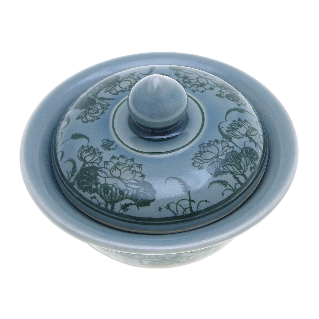 Lotus Flower-Themed Celadon Ceramic Jar in Blue Hue - Thai Lotus in Blue