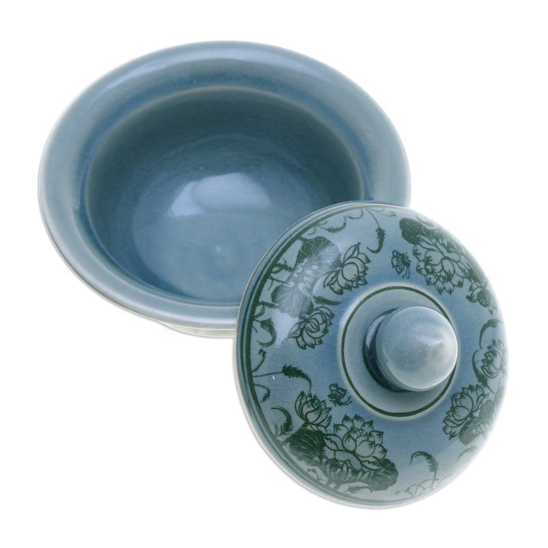 Lotus Flower-Themed Celadon Ceramic Jar in Blue Hue - Thai Lotus in Blue
