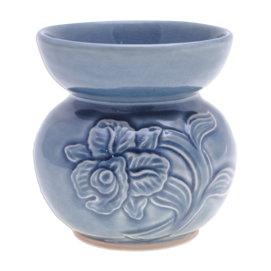 Blue Thai Celadon Ceramic Oil Burner with Orchid Motif - Sublime Orchid