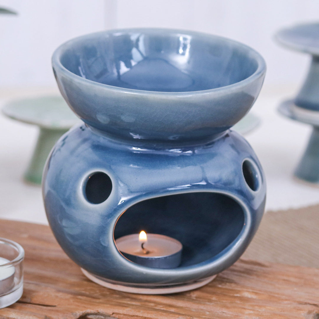 Blue Thai Celadon Ceramic Oil Burner with Orchid Motif - Sublime Orchid