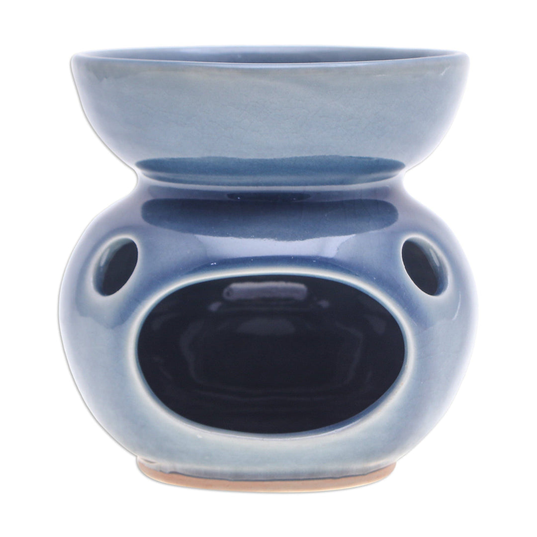 Blue Thai Celadon Ceramic Oil Burner with Orchid Motif - Sublime Orchid