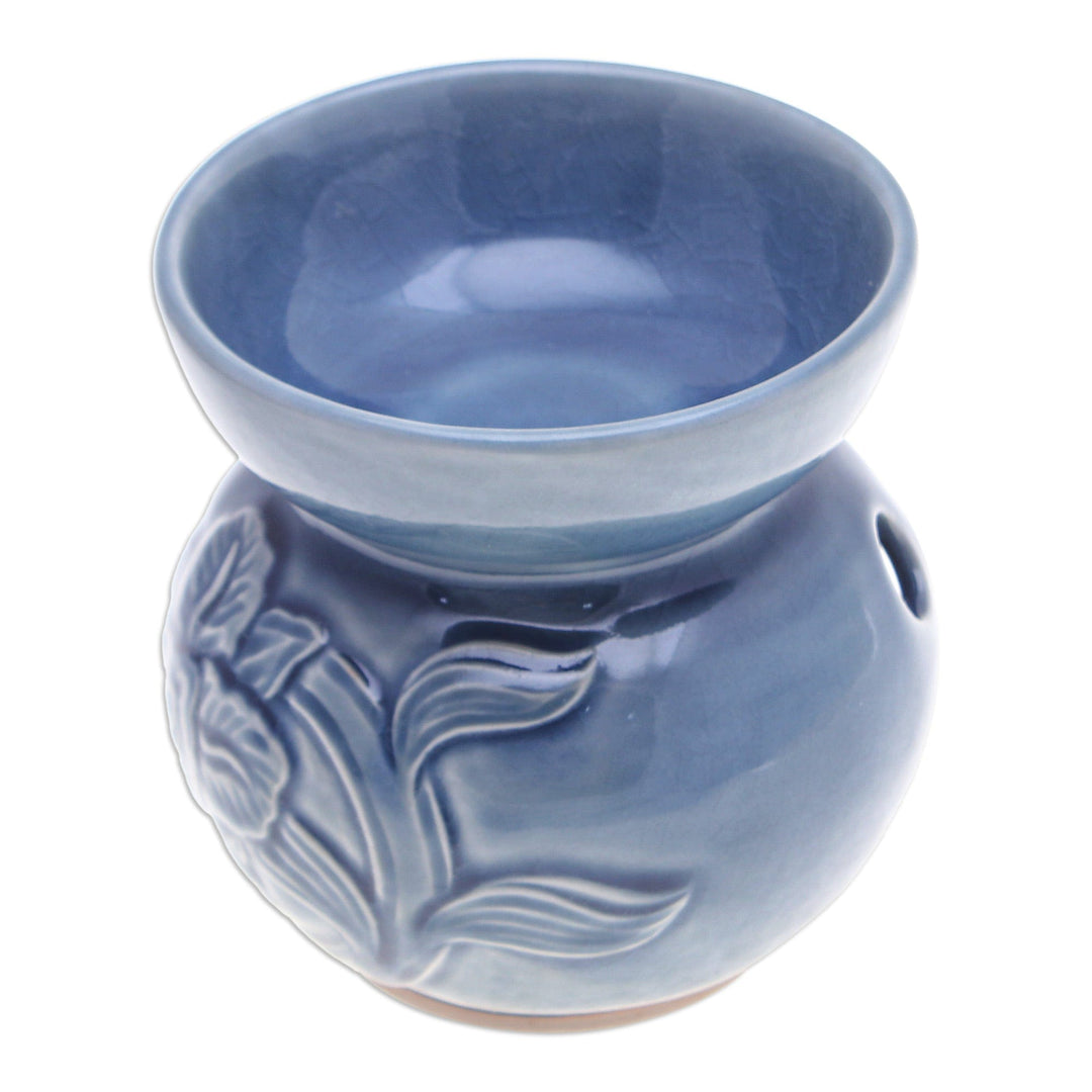 Blue Thai Celadon Ceramic Oil Burner with Orchid Motif - Sublime Orchid