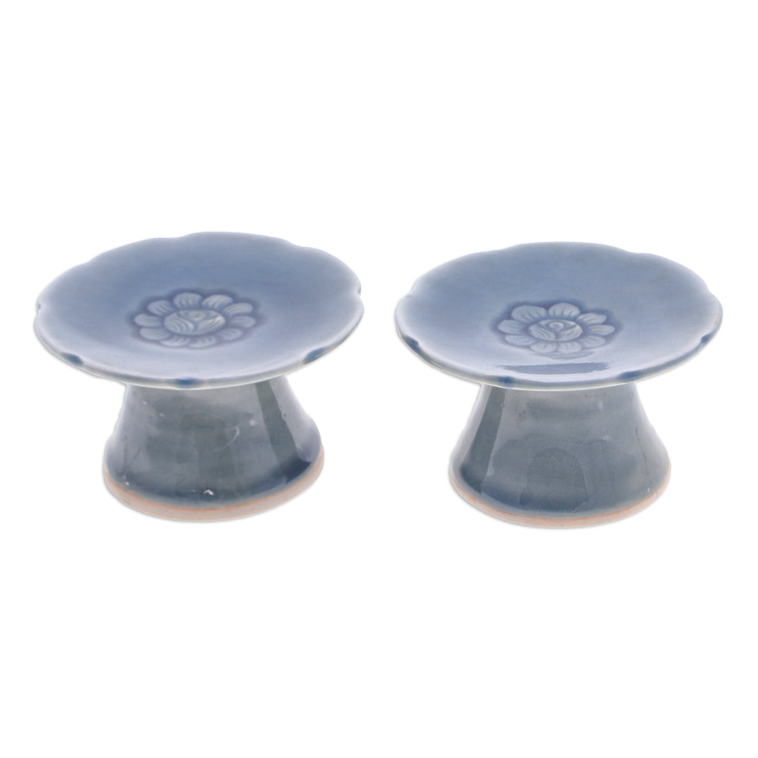 Pair of Floral Celadon Ceramic Candle Holders in Blue - Carved Flower in Blue