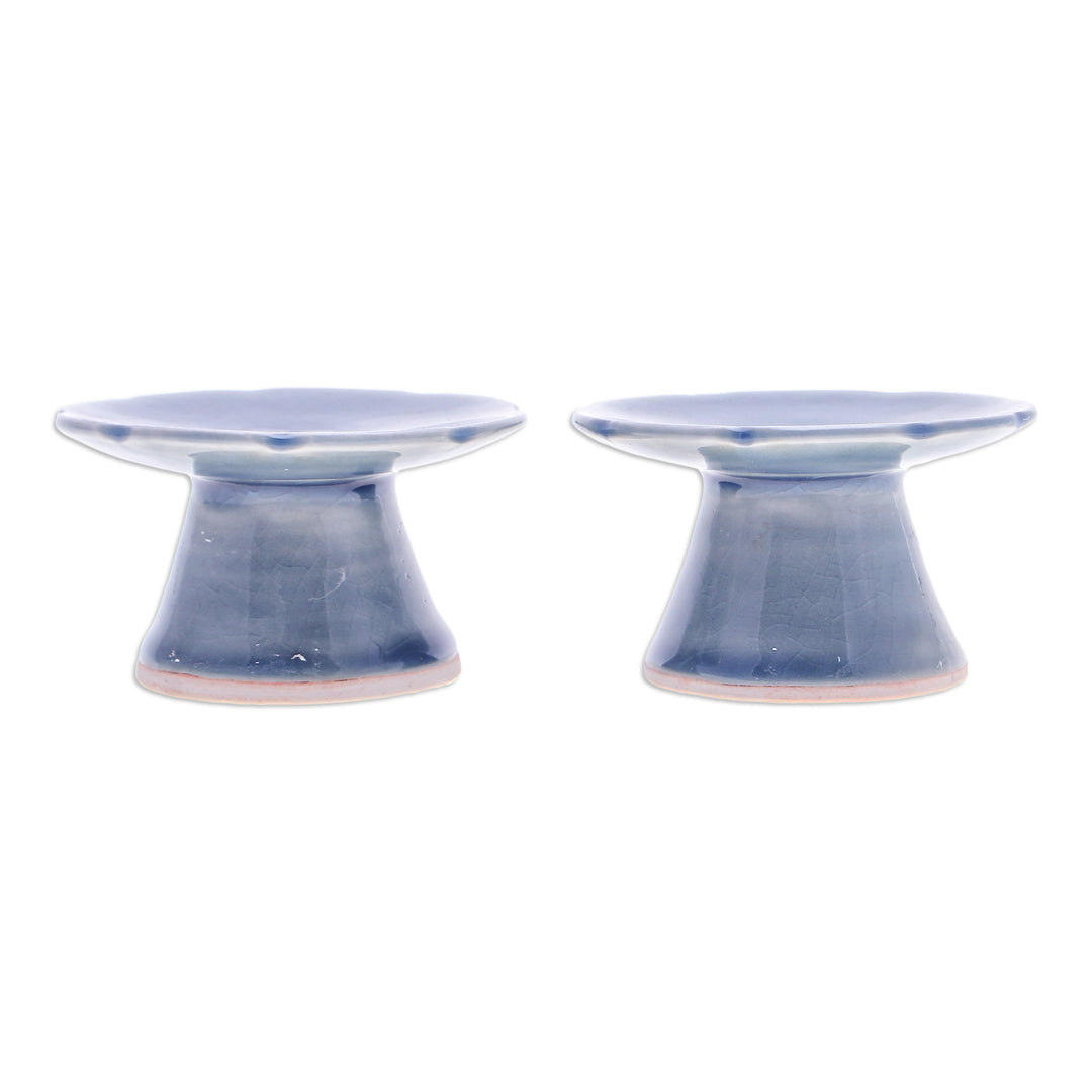 Pair of Floral Celadon Ceramic Candle Holders in Blue - Carved Flower in Blue