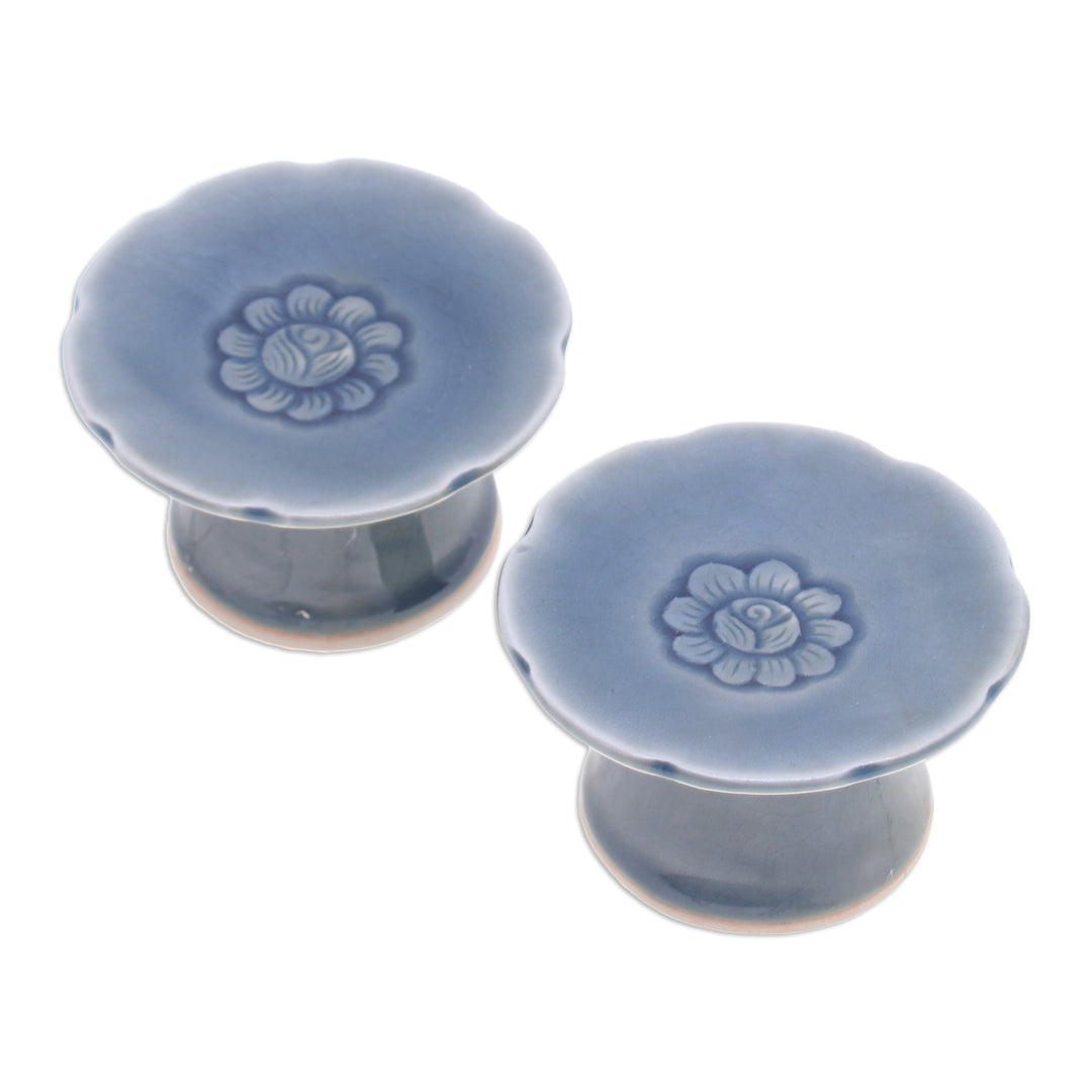 Pair of Floral Celadon Ceramic Candle Holders in Blue - Carved Flower in Blue