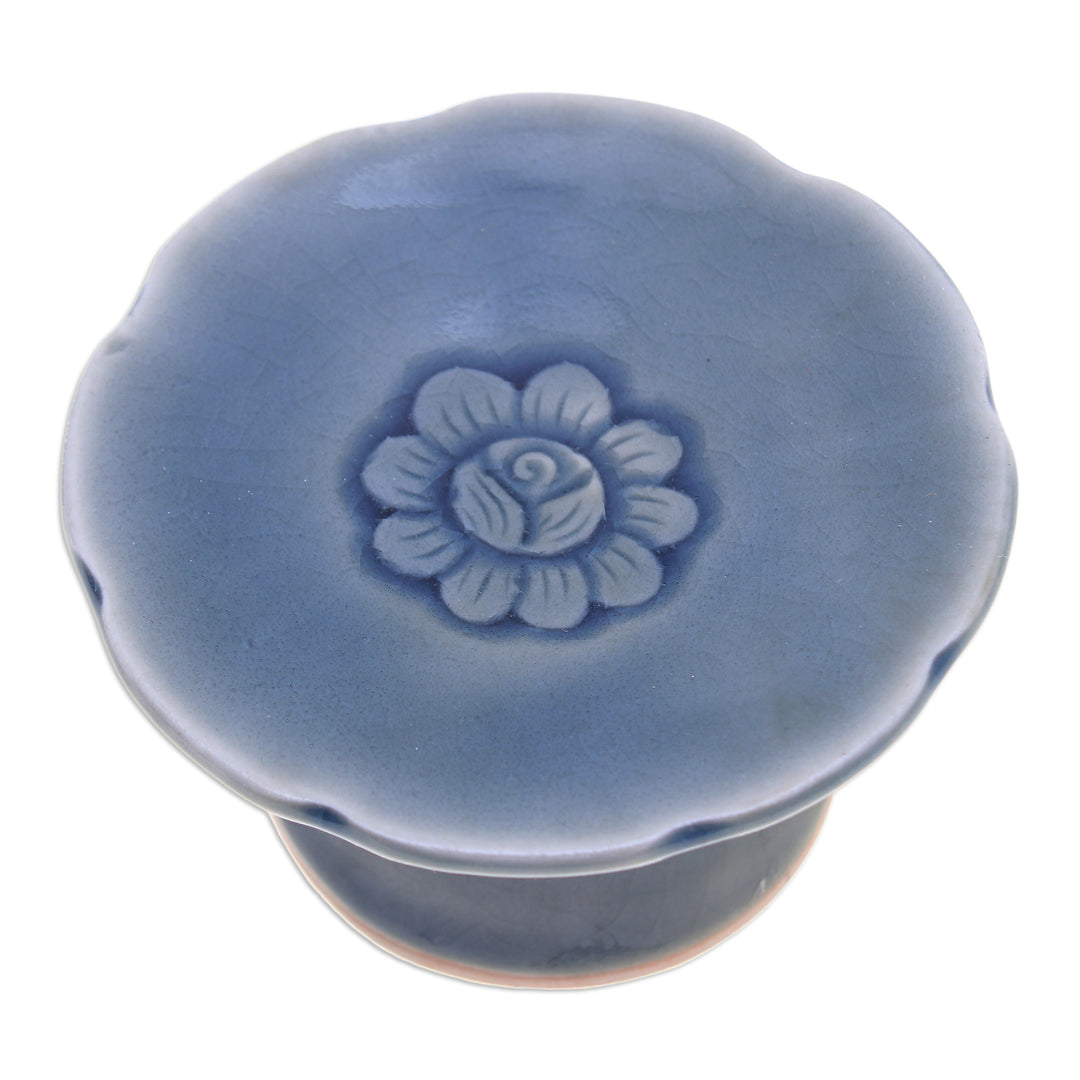 Pair of Floral Celadon Ceramic Candle Holders in Blue - Carved Flower in Blue