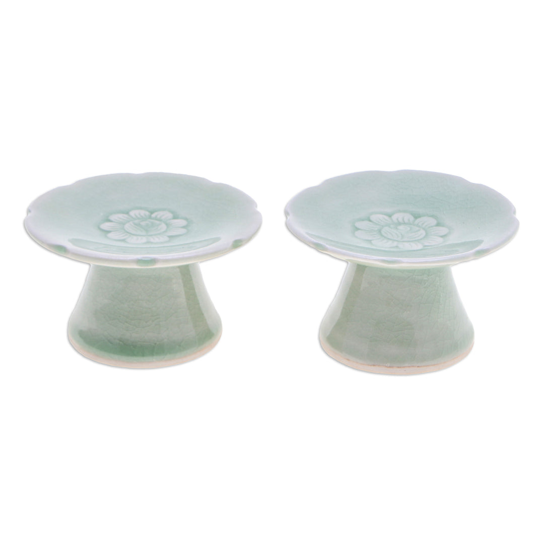 Pair of Floral Celadon Ceramic Candle Holders in Green - Carved Flower in Green