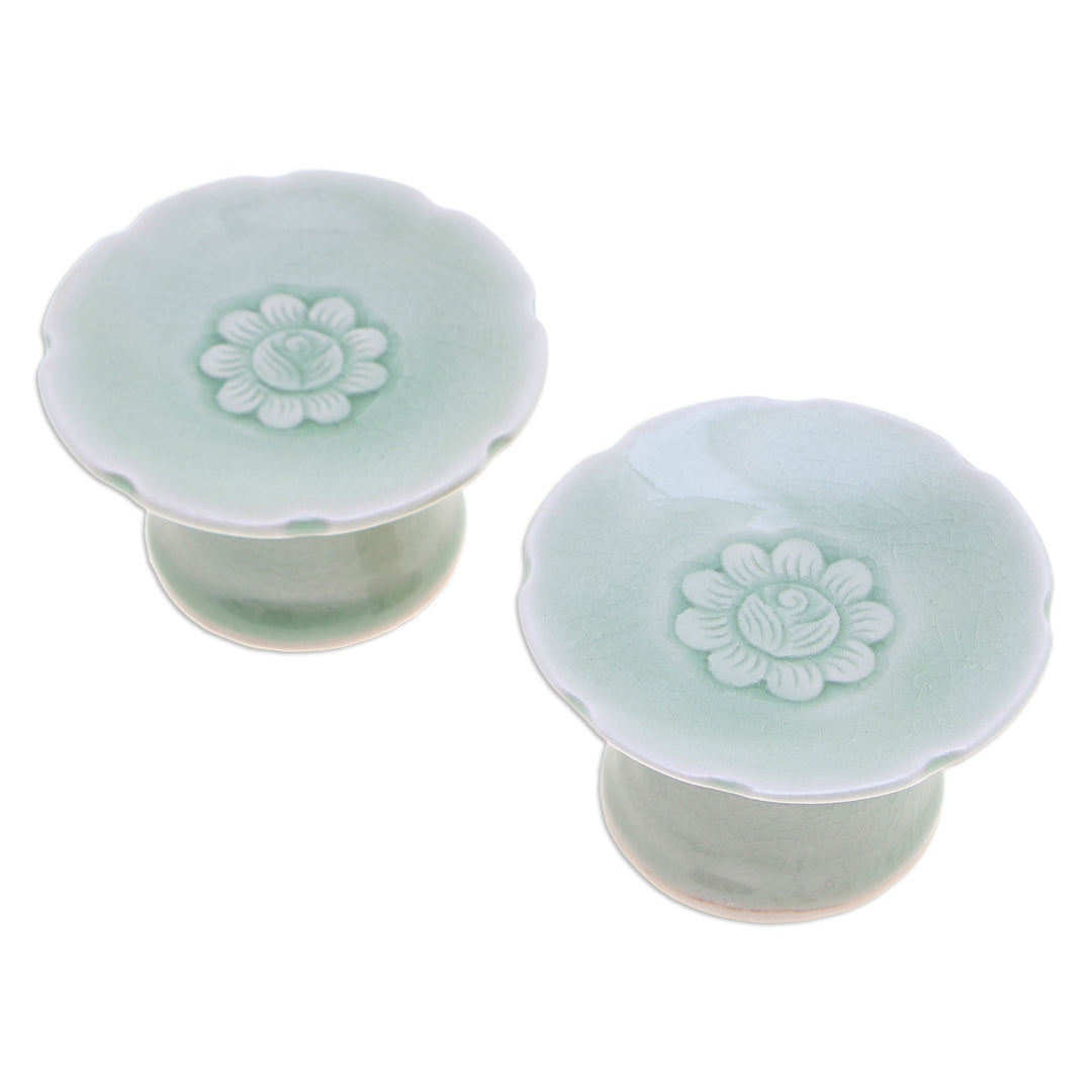 Pair of Floral Celadon Ceramic Candle Holders in Green - Carved Flower in Green