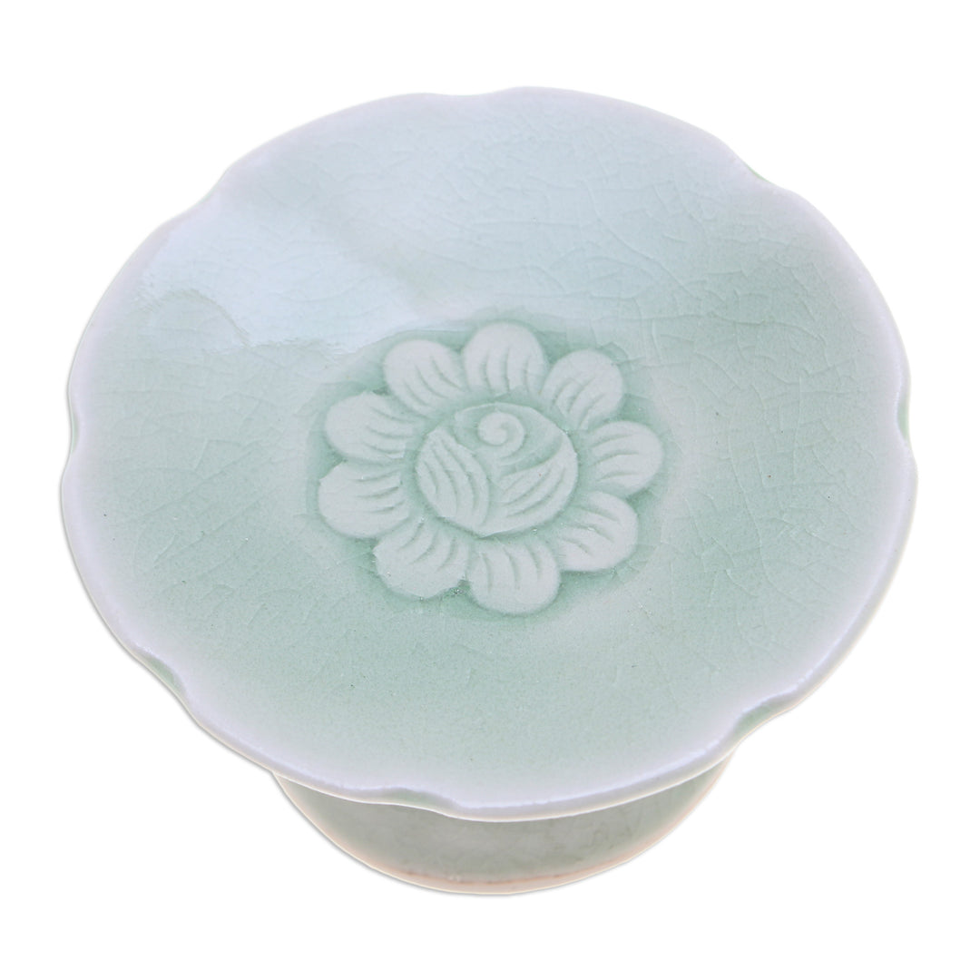 Pair of Floral Celadon Ceramic Candle Holders in Green - Carved Flower in Green