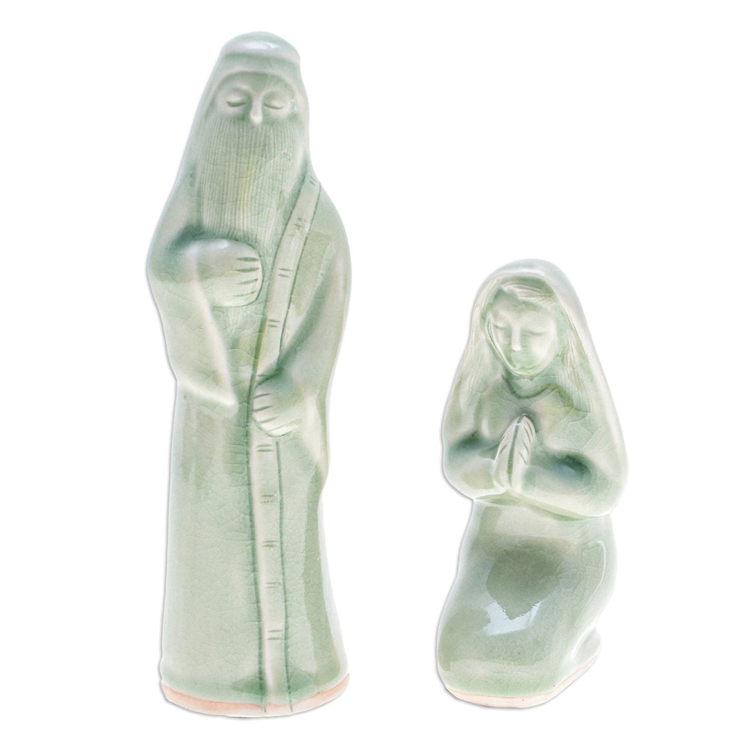 6-Piece Celadon Ceramic Nativity Scene with Green Glaze - Holy Family in Green
