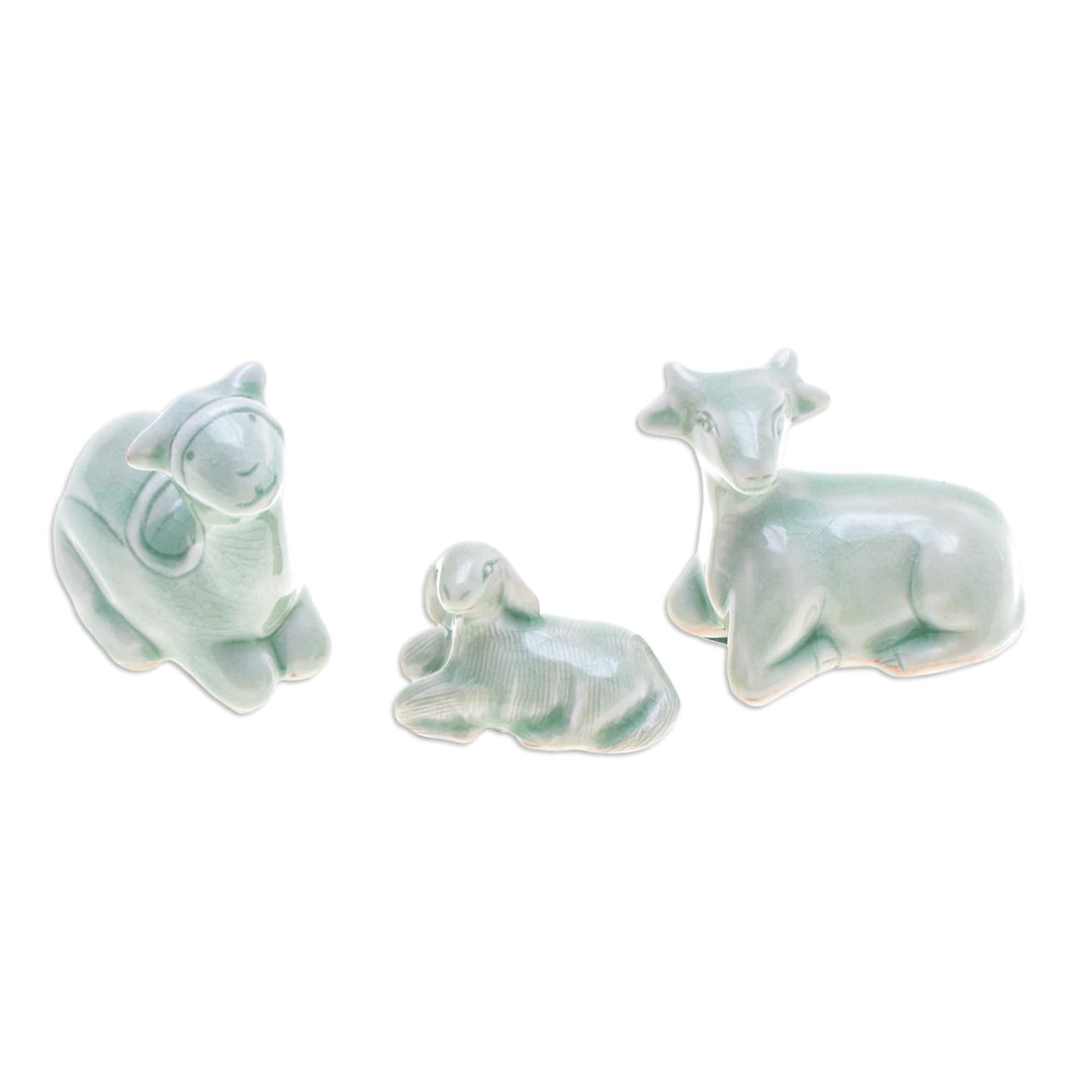 6-Piece Celadon Ceramic Nativity Scene with Green Glaze - Holy Family in Green