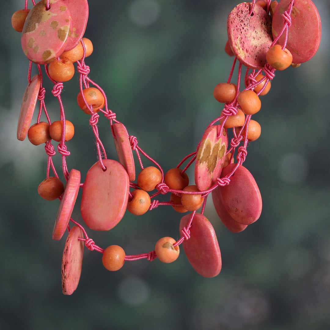 Bohemian Pink and Orange Cotton Beaded Strand Necklace - Sweet Bohemian