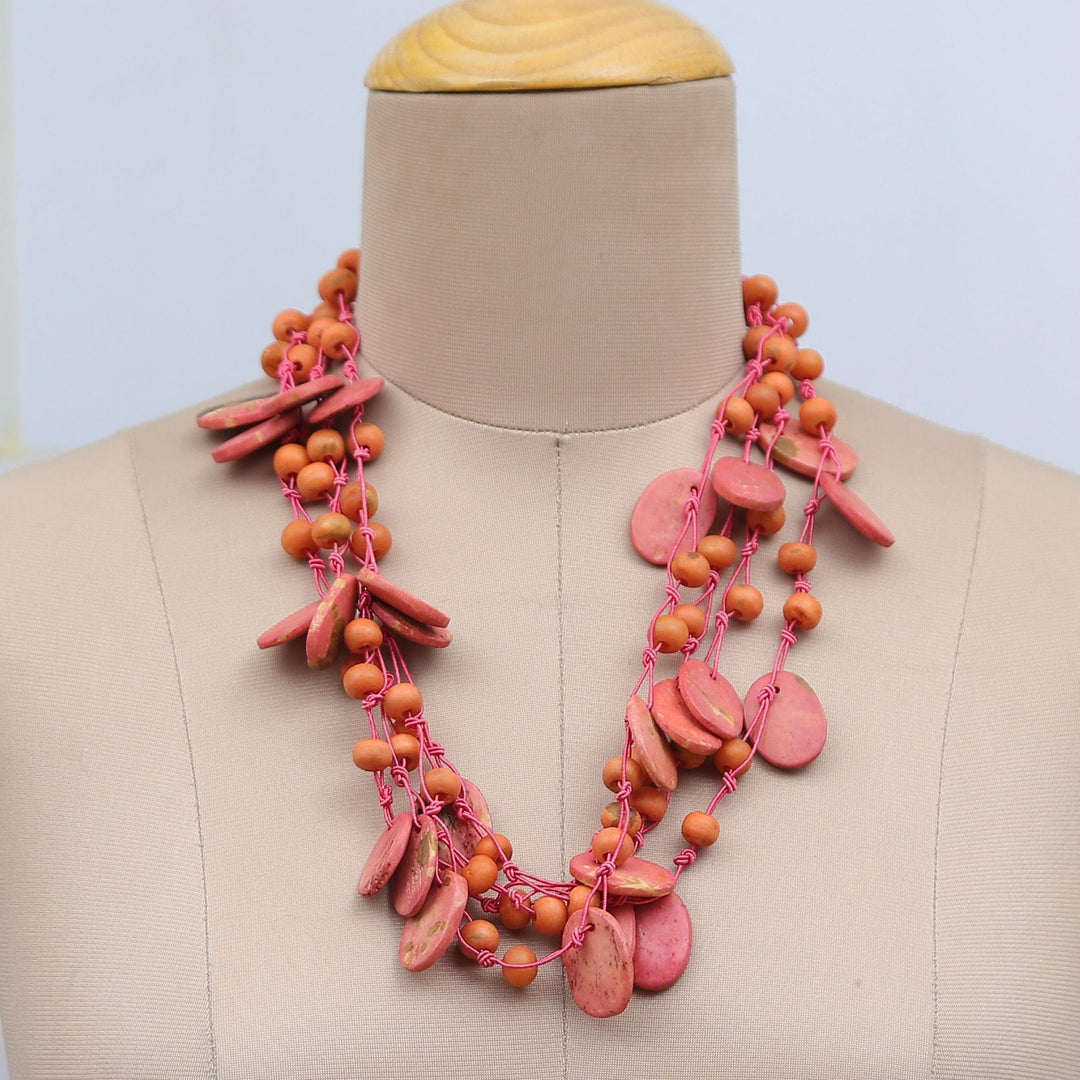 Bohemian Pink and Orange Cotton Beaded Strand Necklace - Sweet Bohemian