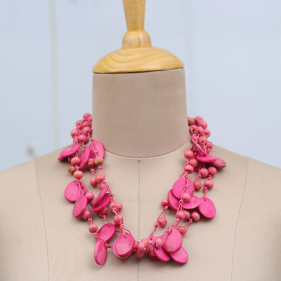 Handcrafted Bohemian Pink Cotton Beaded Strand Necklace - Stylish Bohemian