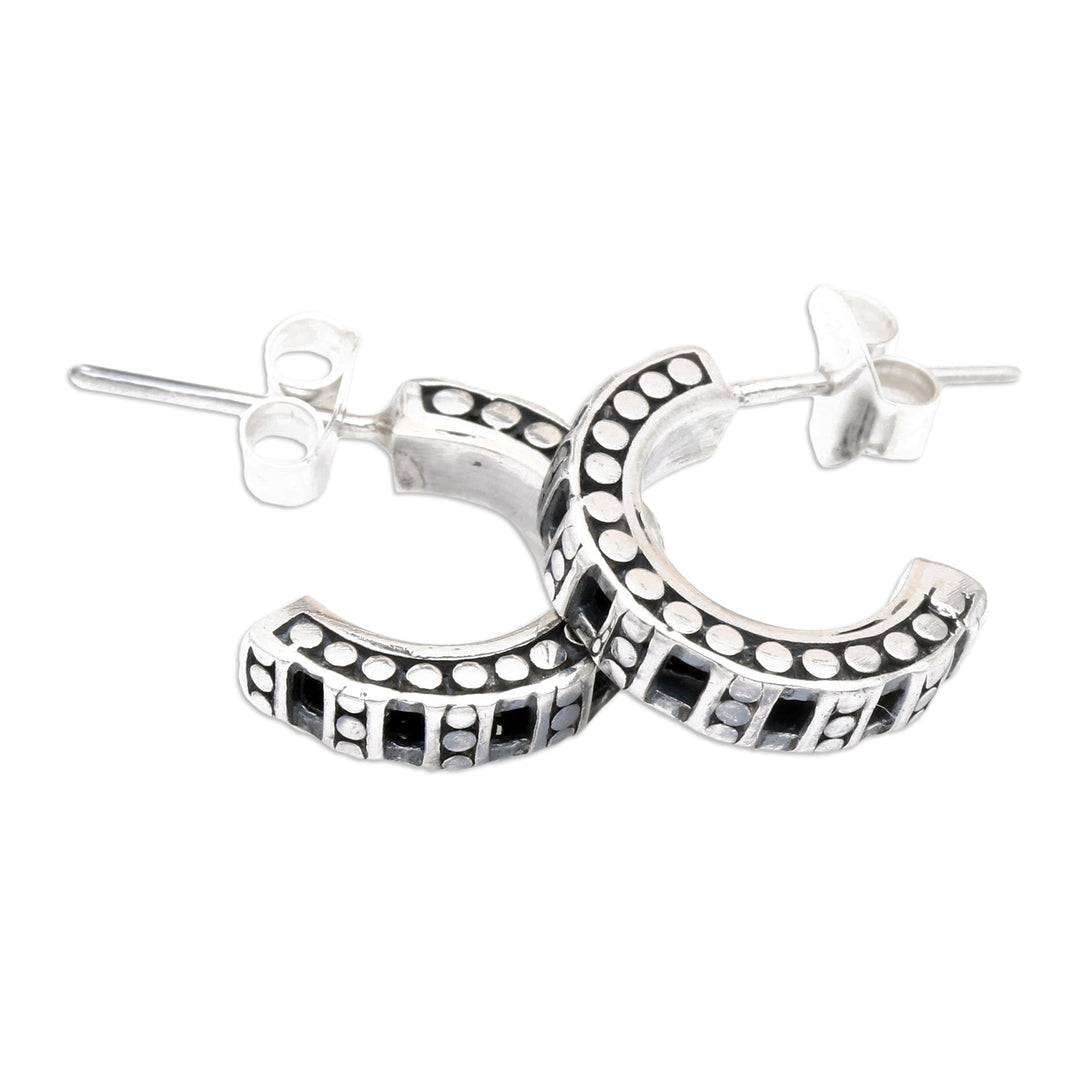 Oxidized and Polished Sterling Silver Half-Hoop Earrings - Island Wheel