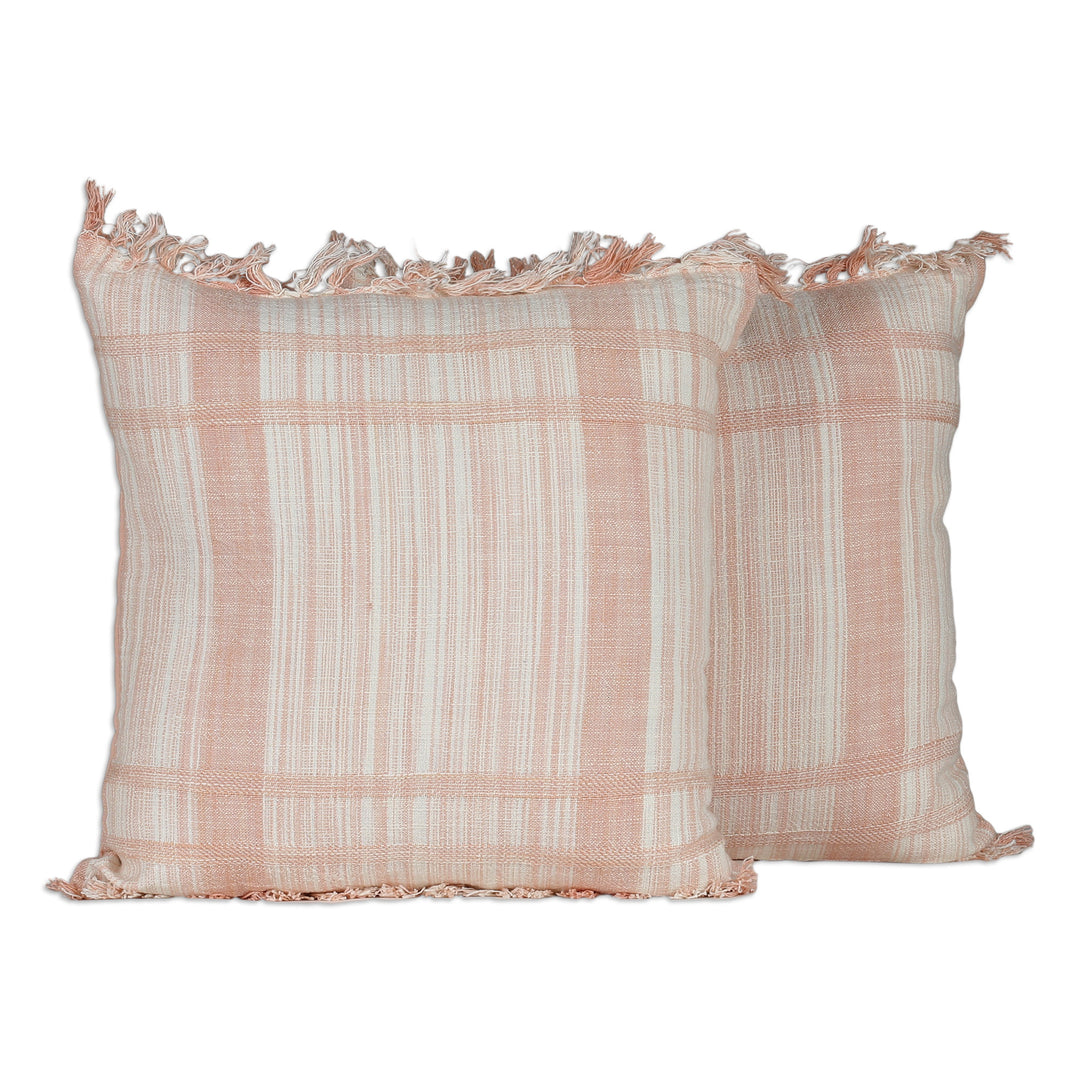 Peach and Vanilla Fringed Cotton Cushion Covers (Pair) - Passionate Peach