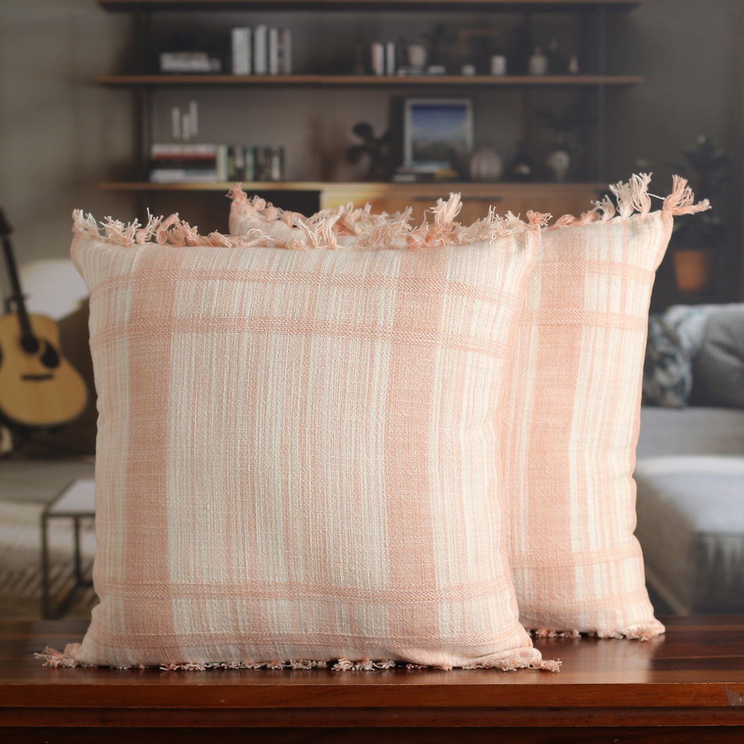 Peach and Vanilla Fringed Cotton Cushion Covers (Pair) - Passionate Peach