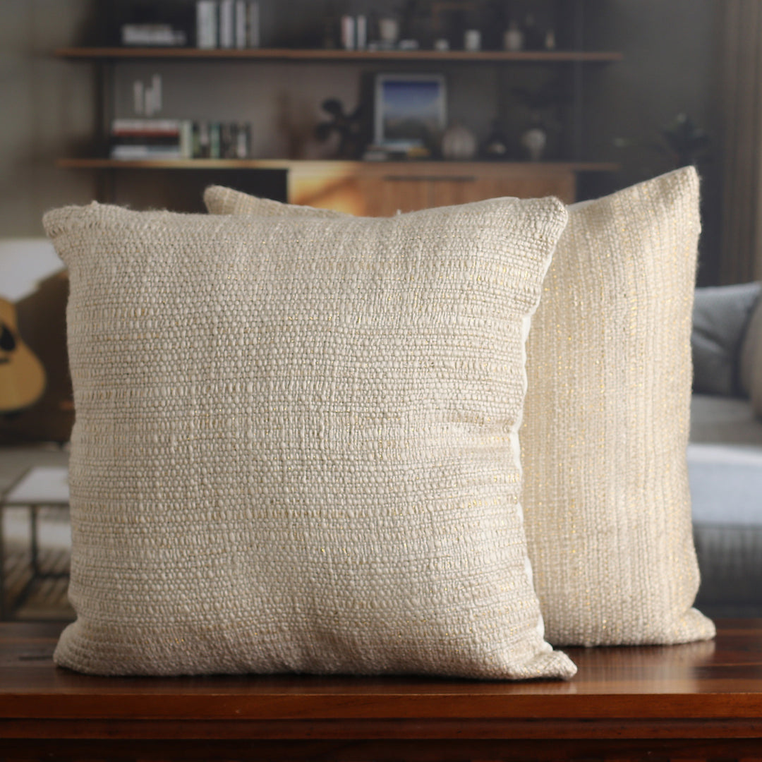 Ivory and Champagne Cotton and Lurex Cushion Covers (Pair) - Natural Fineness