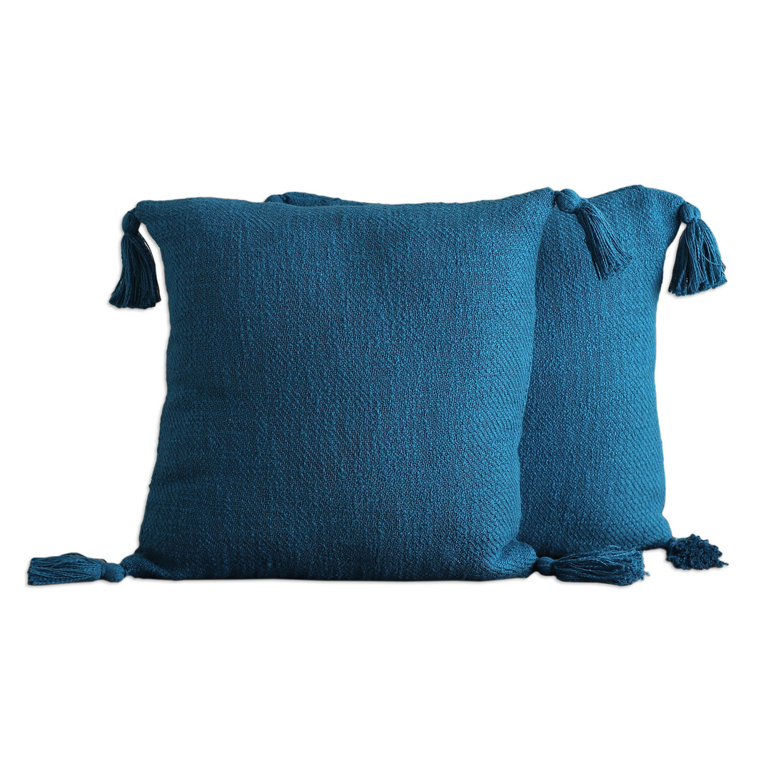 Pair of Peacock-Toned Cotton Cushion Covers with Tassels - Peacock Tassels