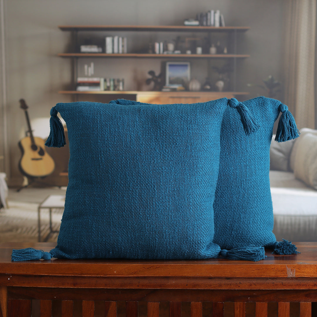 Pair of Peacock-Toned Cotton Cushion Covers with Tassels - Peacock Tassels