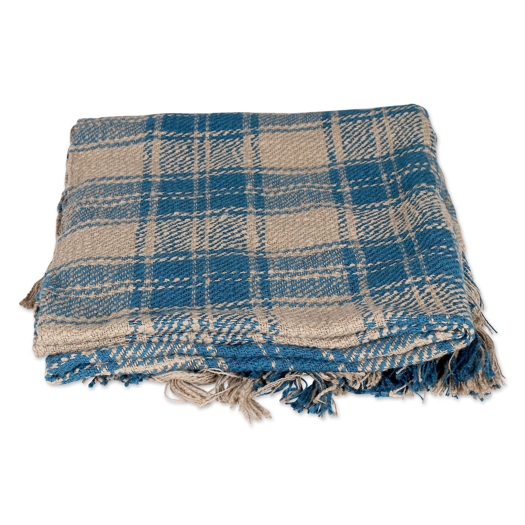 Tattersall-Patterned Blue and Ivory 100% Cotton Throw - Tattersall Blue