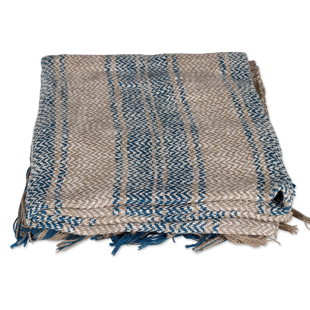 Striped Blue and Ivory Cotton Throw Crafted in India - Waves of Serenity