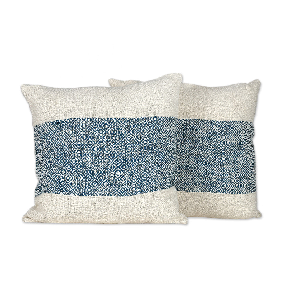 Diamond-Shaped Floral Blue Cotton Cushion Covers (Pair) - Diamond Petals