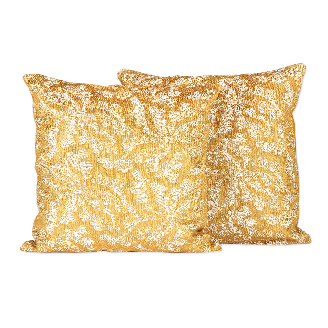 Leafy Honey and Ivory Cotton Blend Cushion Covers (Pair) - Honey Nature