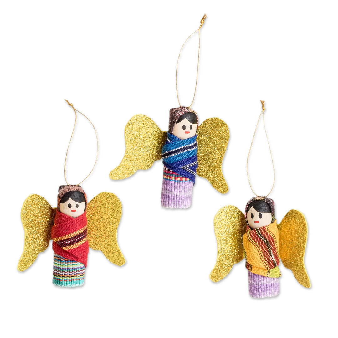 Handmade Angel-Themed Wood and Cotton Ornaments (Set of 3) - Peaceful Christmas