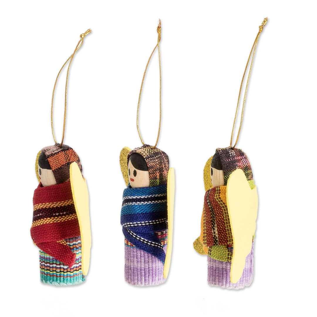 Handmade Angel-Themed Wood and Cotton Ornaments (Set of 3) - Peaceful Christmas