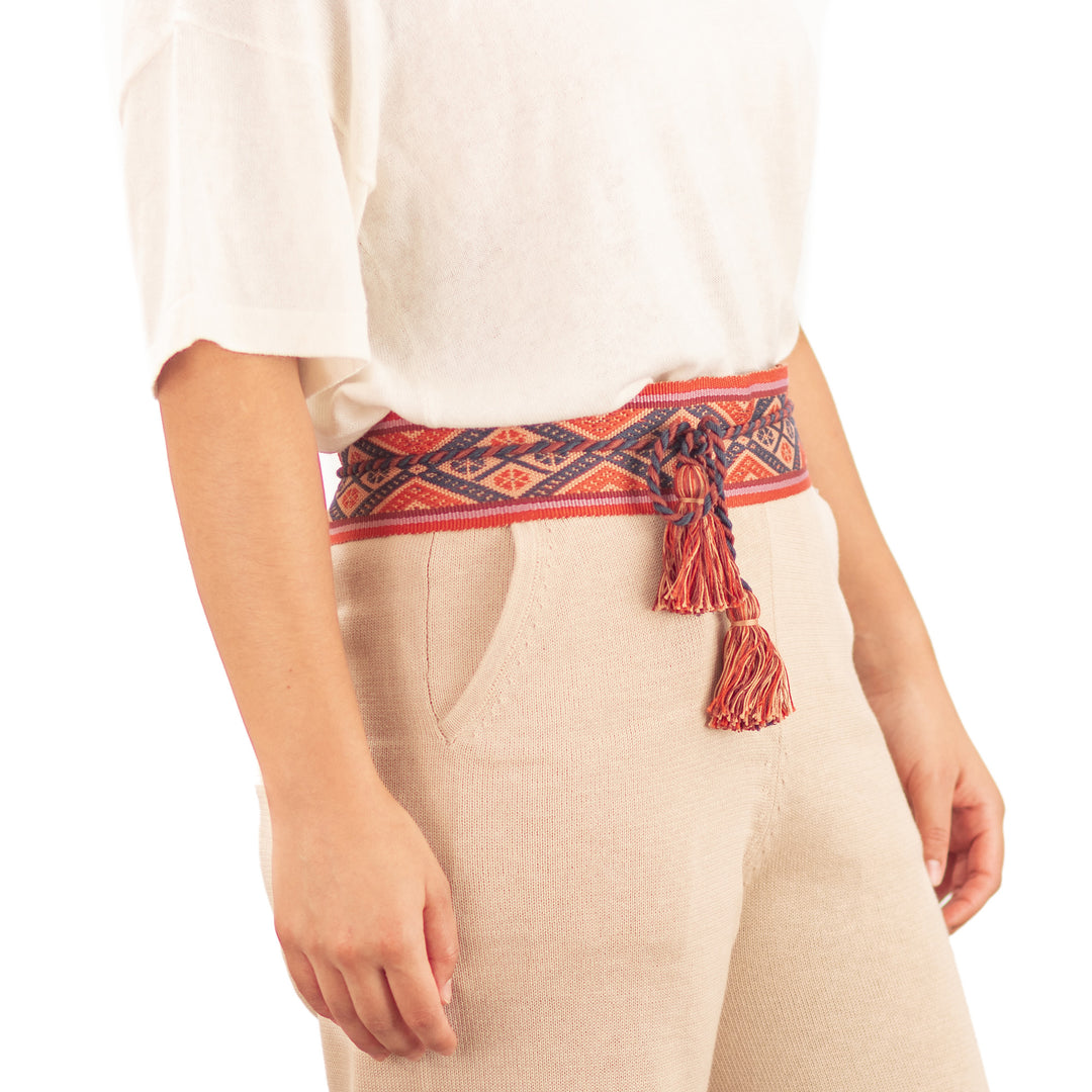 Handwoven Patterned Red and Orange Cotton Belt with Tassels - Kallpa