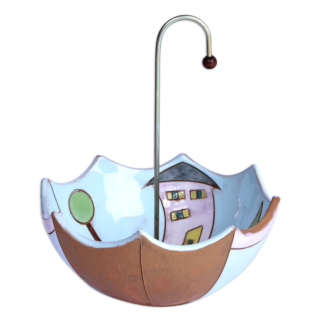 Glazed Blue Ceramic Umbrella Jewelry Stand Catchall - Inverted City Umbrella