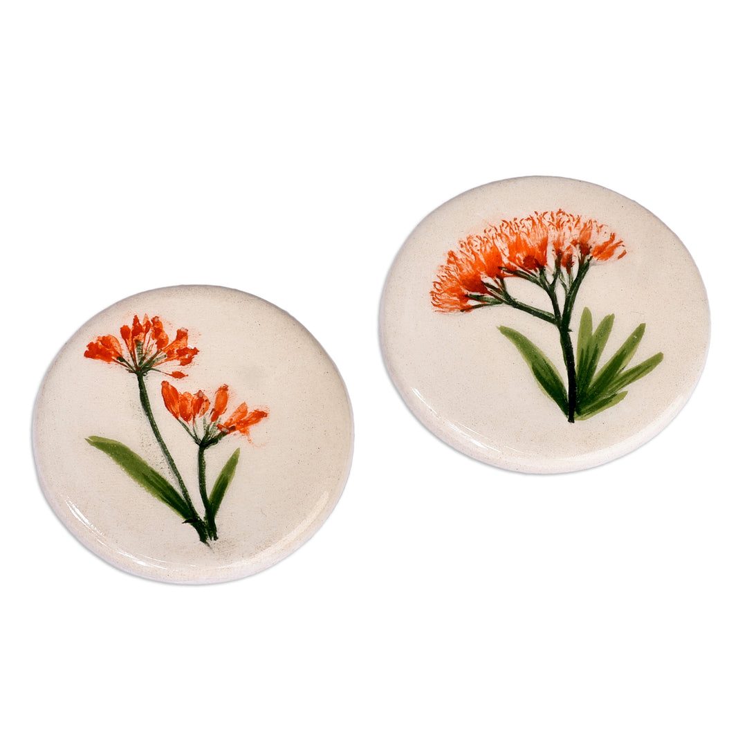 Two Hand-Painted Ceramic Magnets with Orange Flower Motifs - Orange Blooms