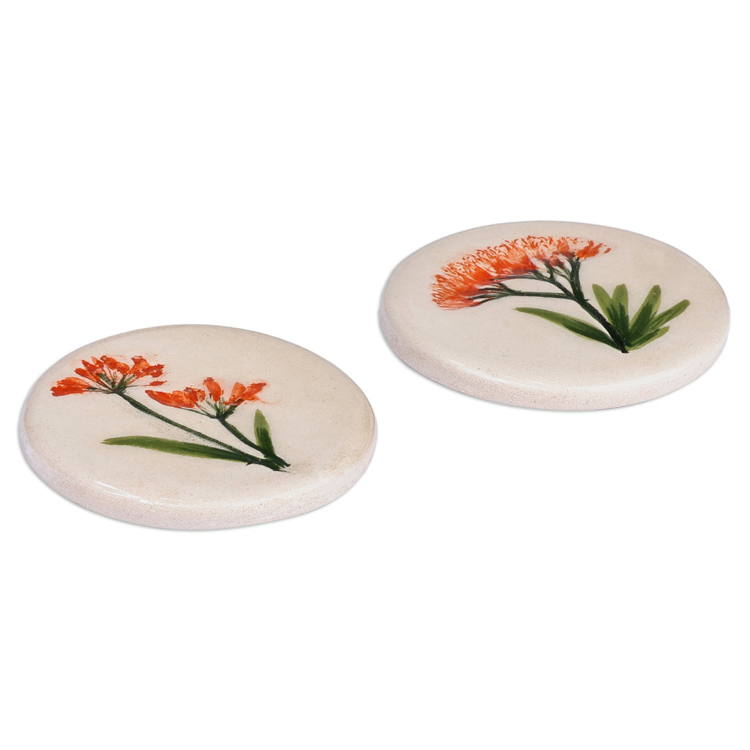 Two Hand-Painted Ceramic Magnets with Orange Flower Motifs - Orange Blooms