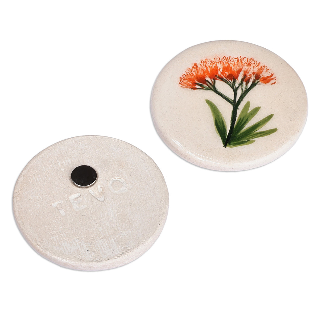Two Hand-Painted Ceramic Magnets with Orange Flower Motifs - Orange Blooms