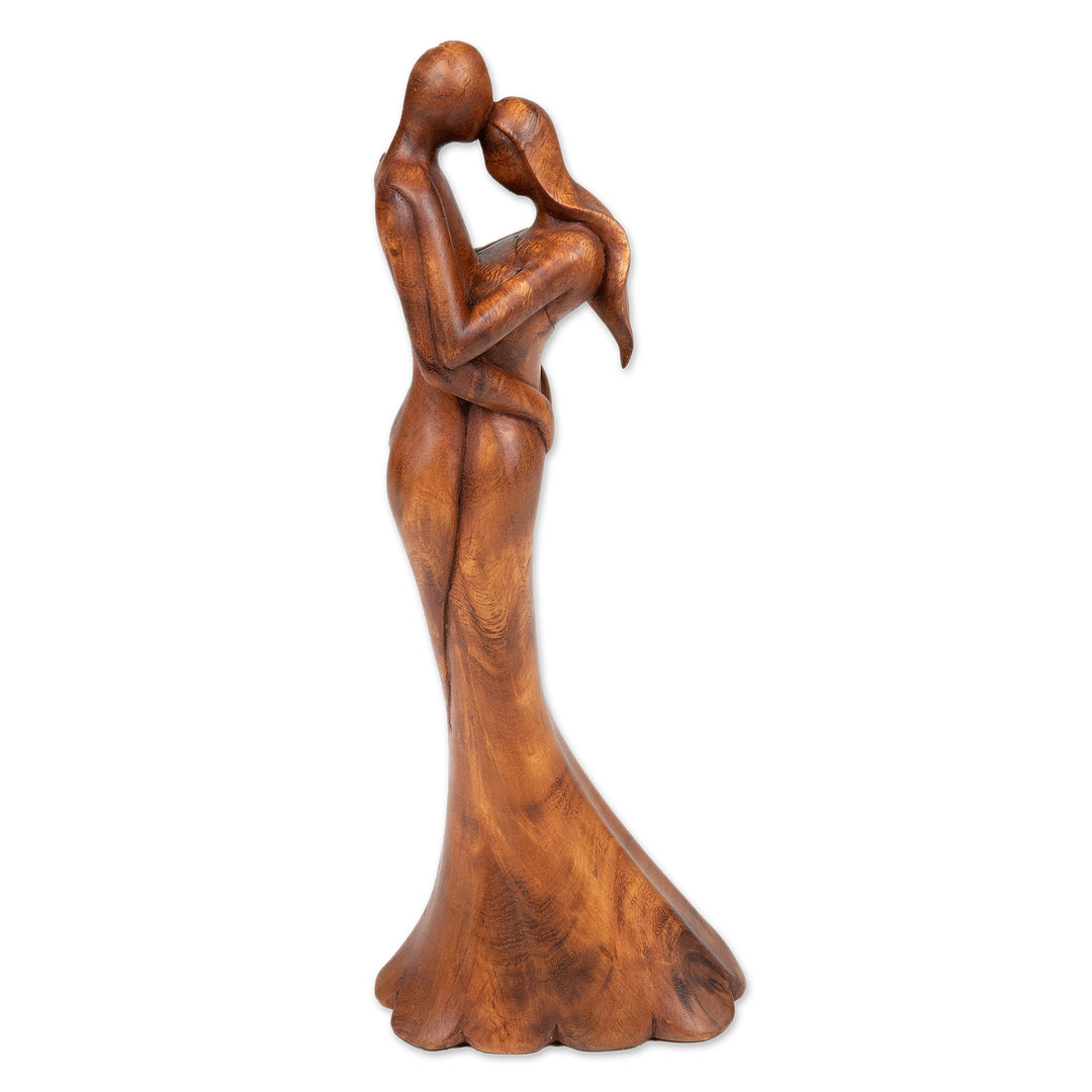 Romantic Semi-Abstract Hand-Carved Suar Wood Sculpture - Promised Passion