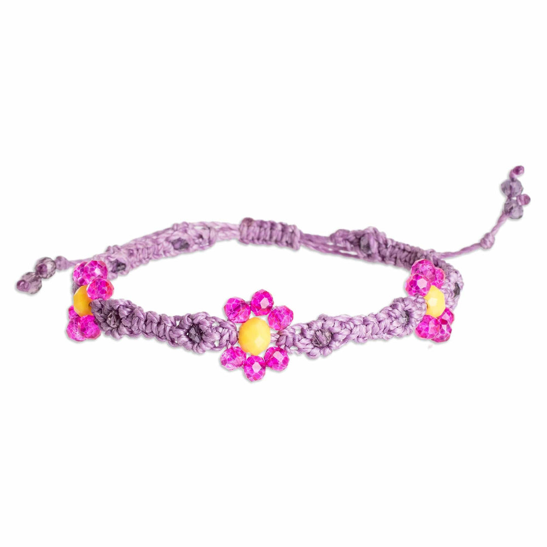 Floral Woven Adjustable Pink Crystal Beaded Macrame Bracelet - My Garden of Sweetness