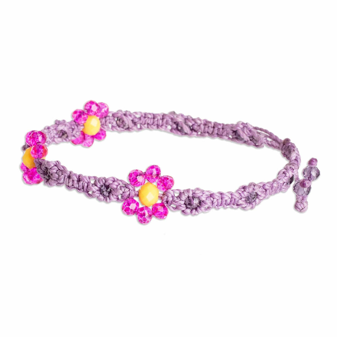 Floral Woven Adjustable Pink Crystal Beaded Macrame Bracelet - My Garden of Sweetness