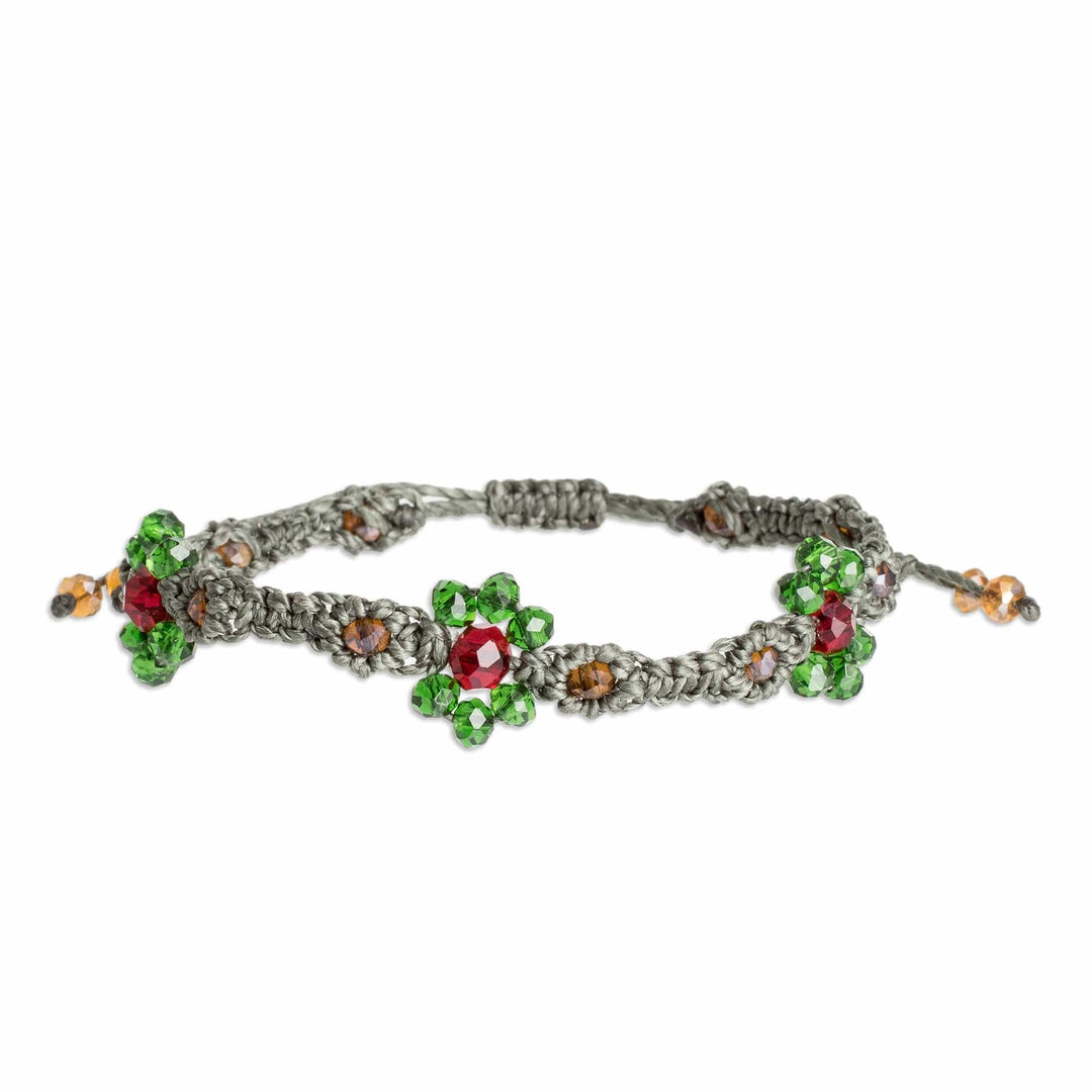 Floral Adjustable Green Crystal Beaded Macrame Bracelet - My Garden of Vitality