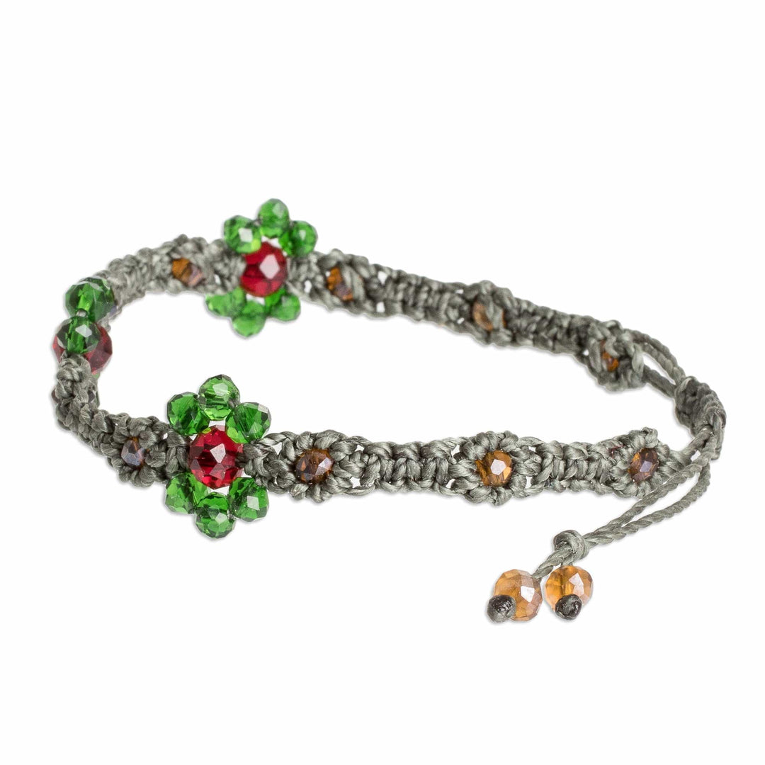 Floral Adjustable Green Crystal Beaded Macrame Bracelet - My Garden of Vitality