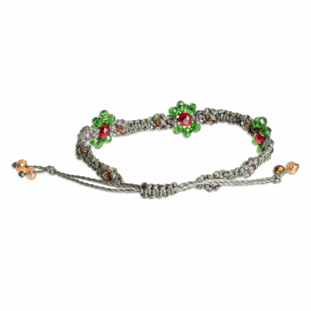 Floral Adjustable Green Crystal Beaded Macrame Bracelet - My Garden of Vitality