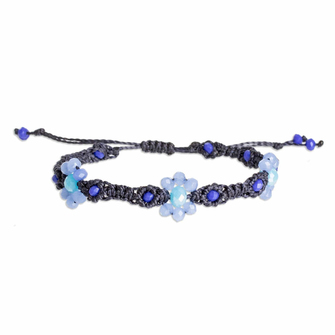Floral Woven Adjustable Blue Crystal Beaded Macrame Bracelet - My Garden of Serenity