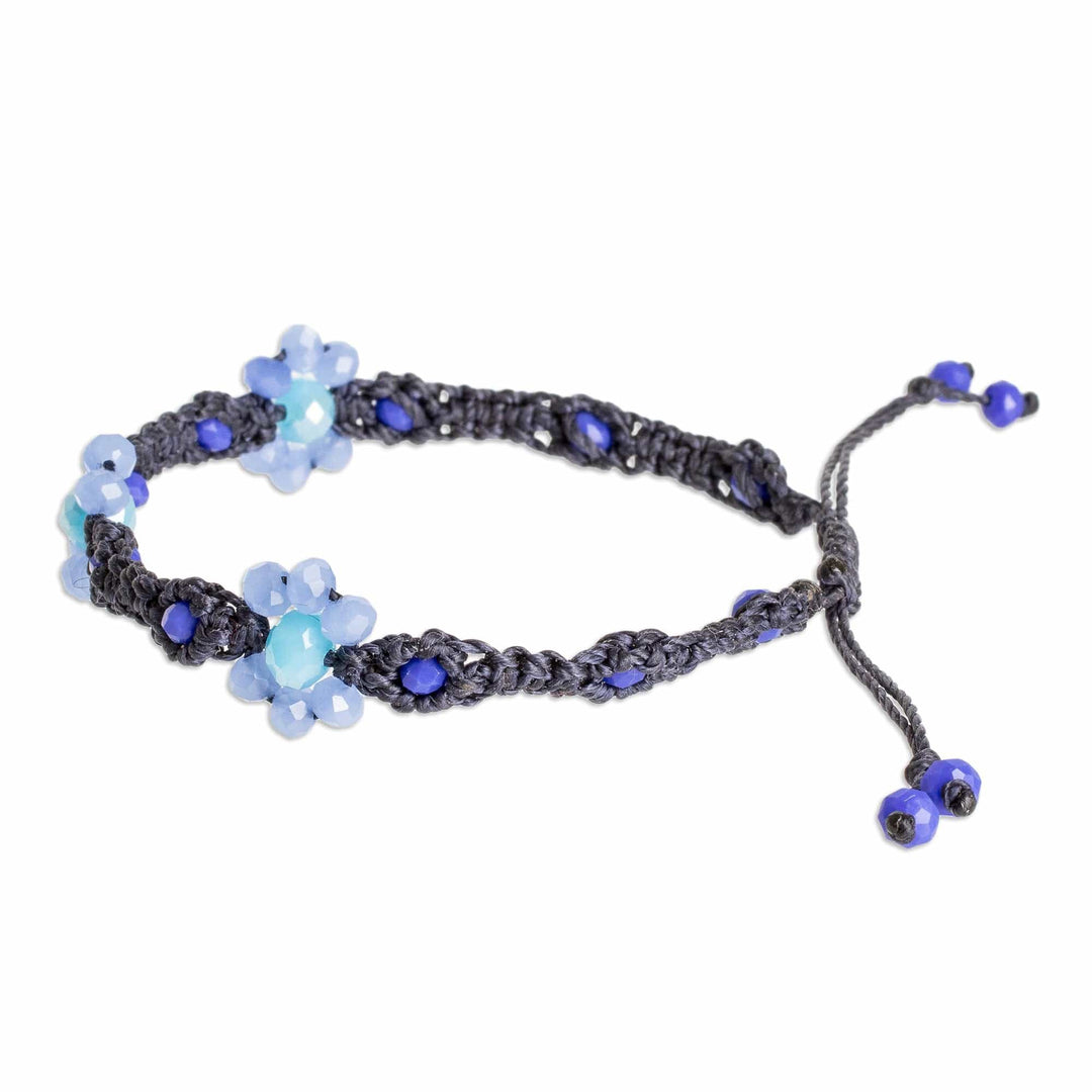 Floral Woven Adjustable Blue Crystal Beaded Macrame Bracelet - My Garden of Serenity