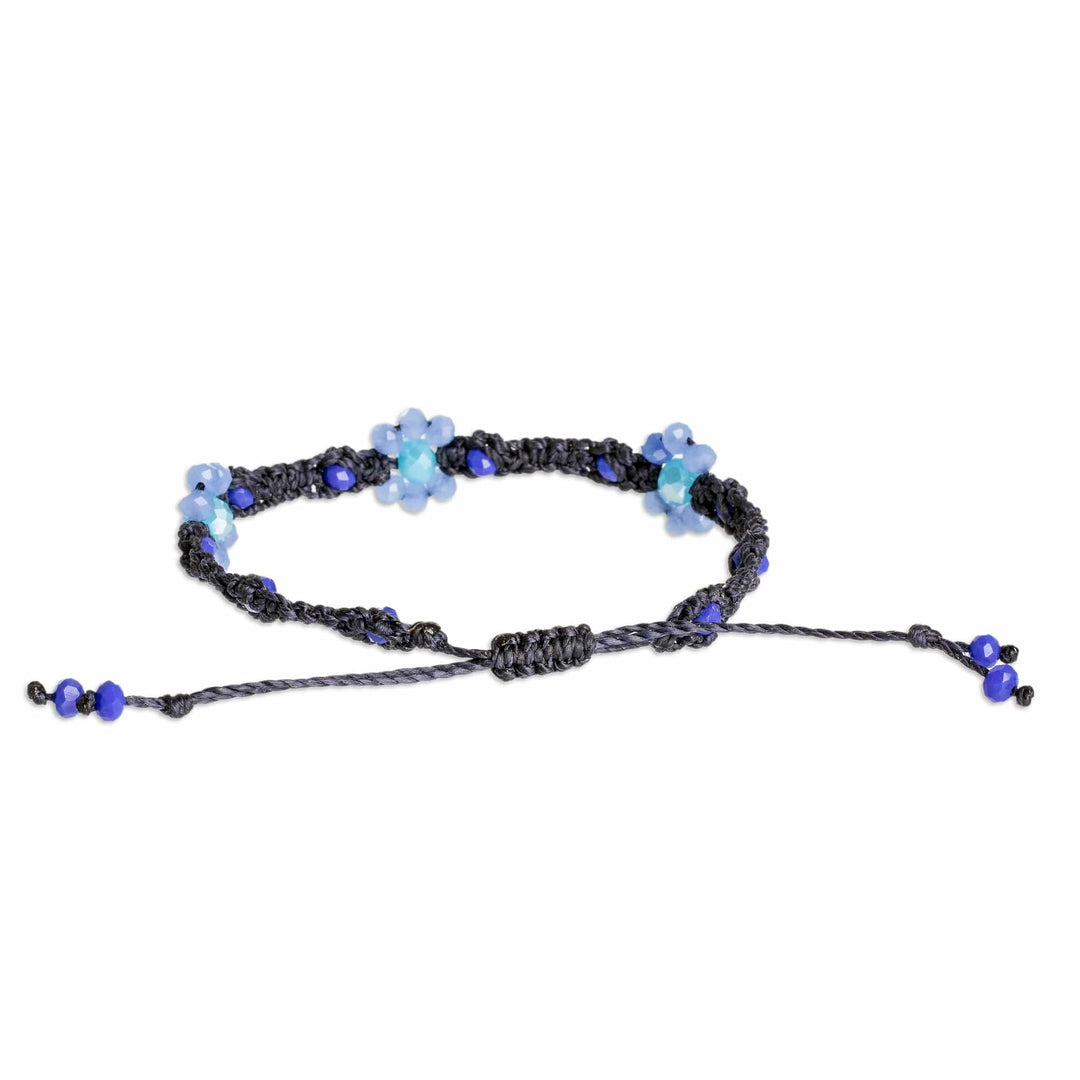 Floral Woven Adjustable Blue Crystal Beaded Macrame Bracelet - My Garden of Serenity